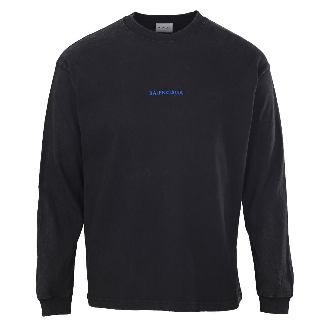 Balenciaga Black Vintage Washed Blue Embroidered Logo Long Sleeve Tee