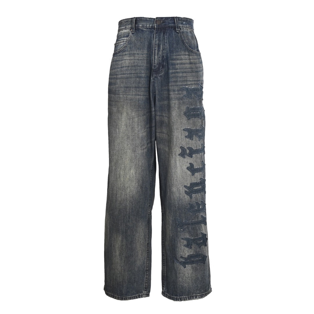 Balenciaga Vintage Washed Gothic Logo Wide Leg Jeans