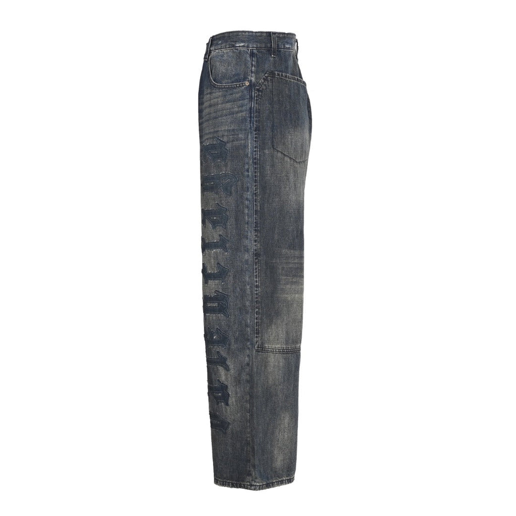 Balenciaga Vintage Washed Gothic Logo Wide Leg Jeans