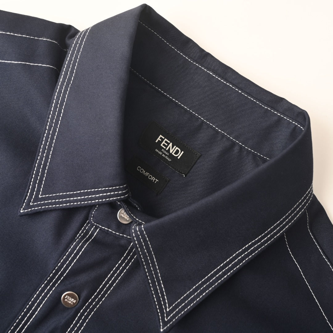 Fendi Navy FF Embroidered Contrast Stitch Long Sleeve Shirt