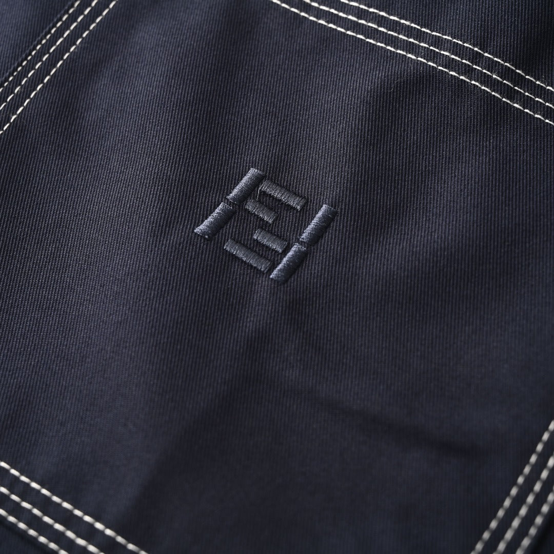 Fendi Navy FF Embroidered Contrast Stitch Long Sleeve Shirt