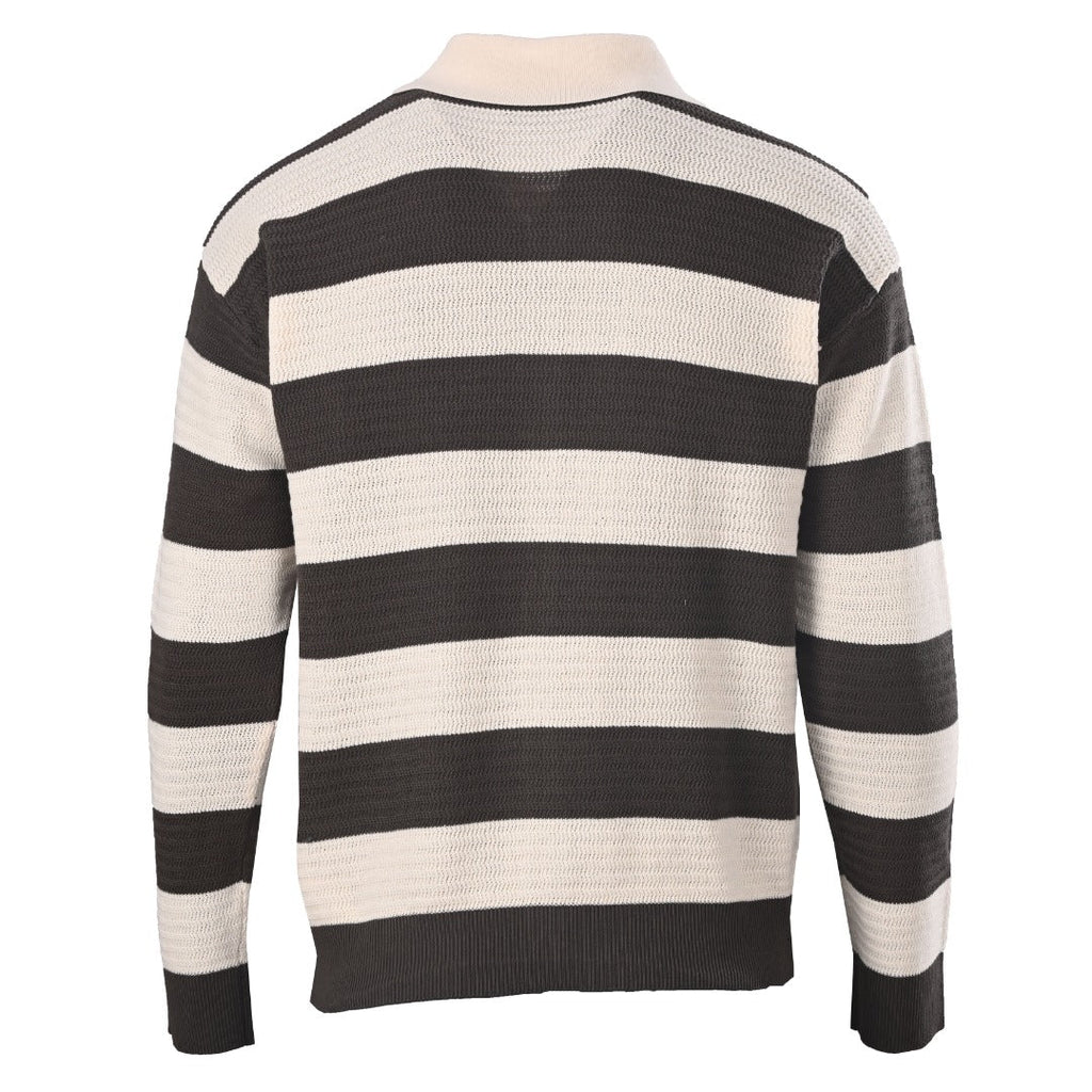 Ami Dark Beige Striped Heart Logo Knit Polo Cardigan