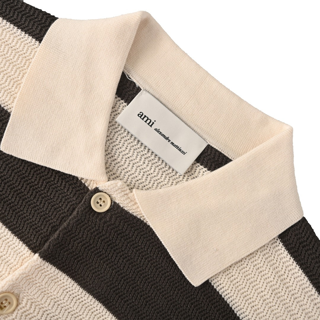 Ami Dark Beige Striped Heart Logo Knit Polo Cardigan