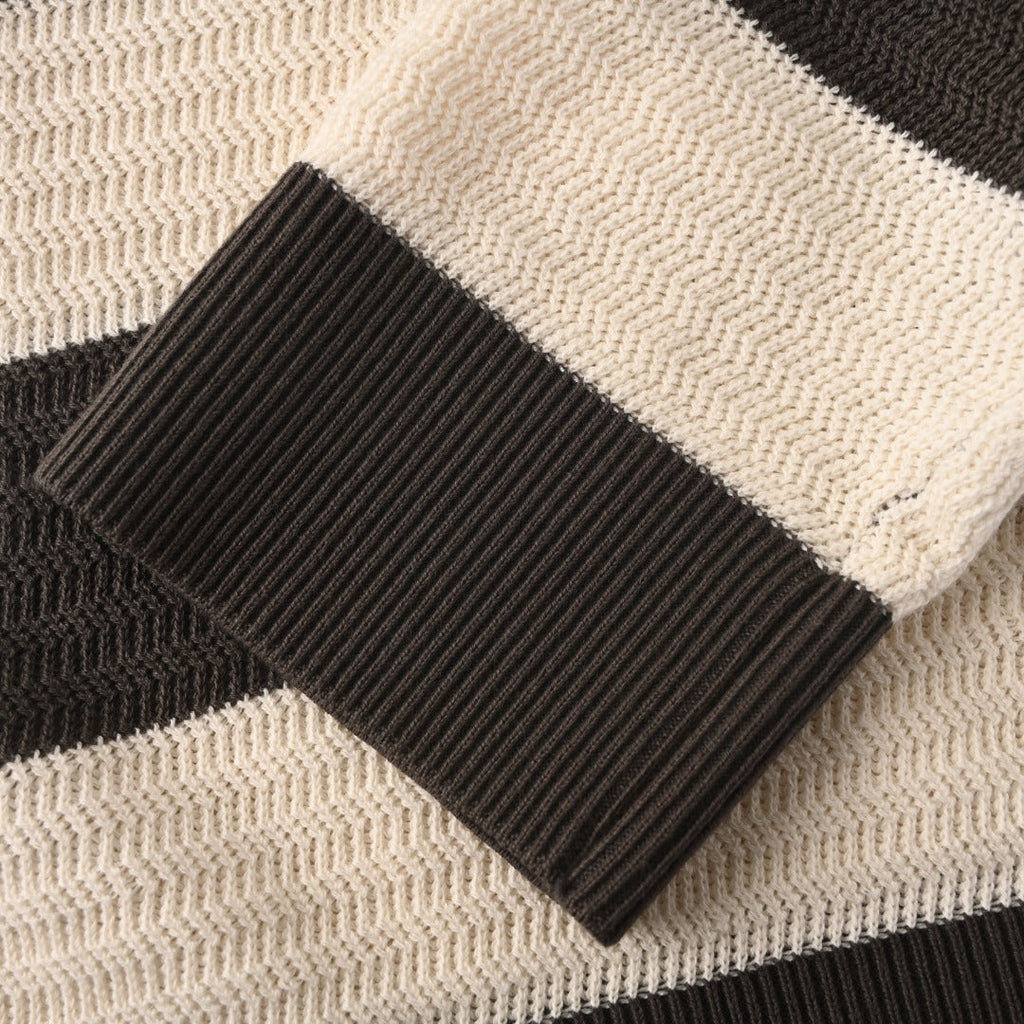 Ami Dark Beige Striped Heart Logo Knit Polo Cardigan