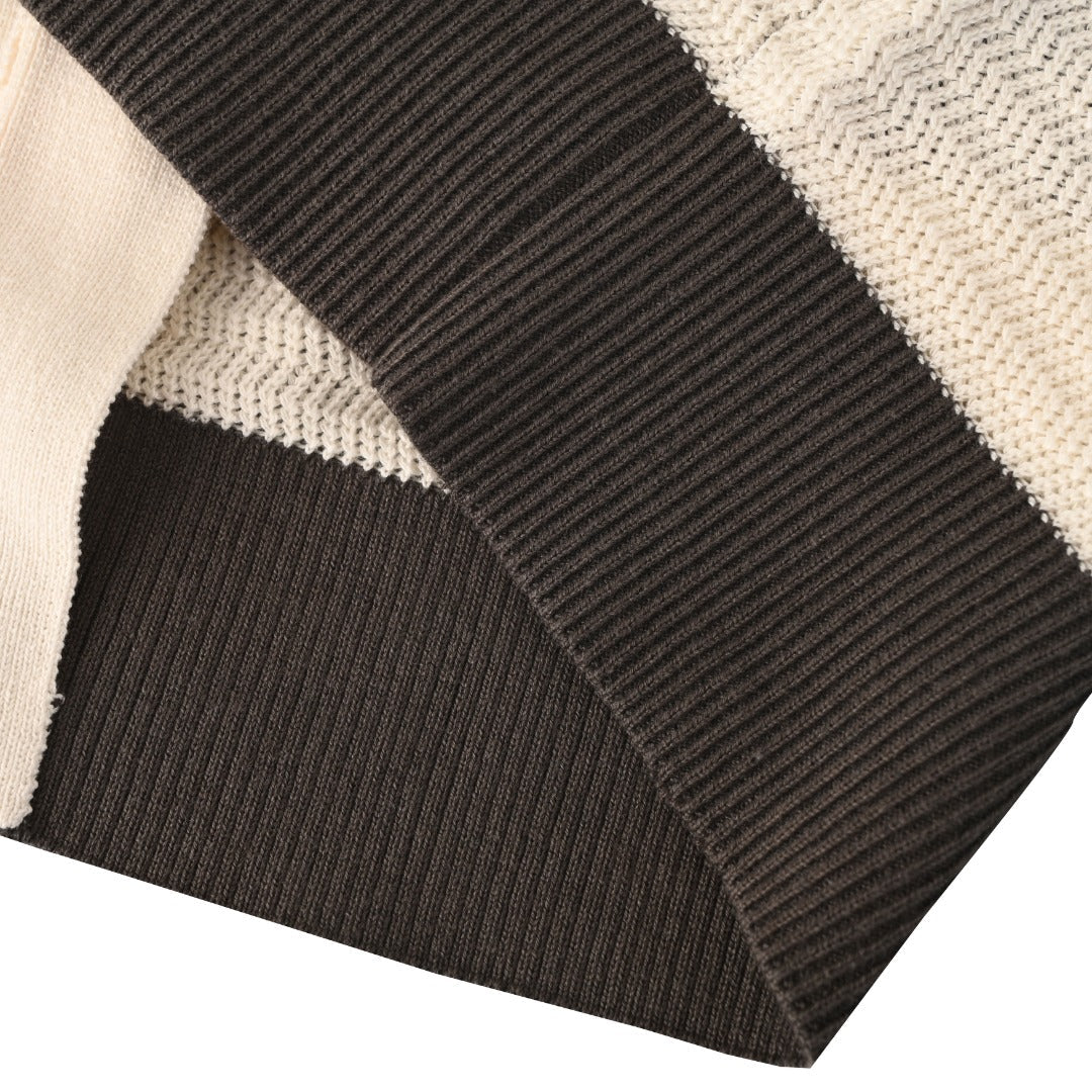Ami Dark Beige Striped Heart Logo Knit Polo Cardigan