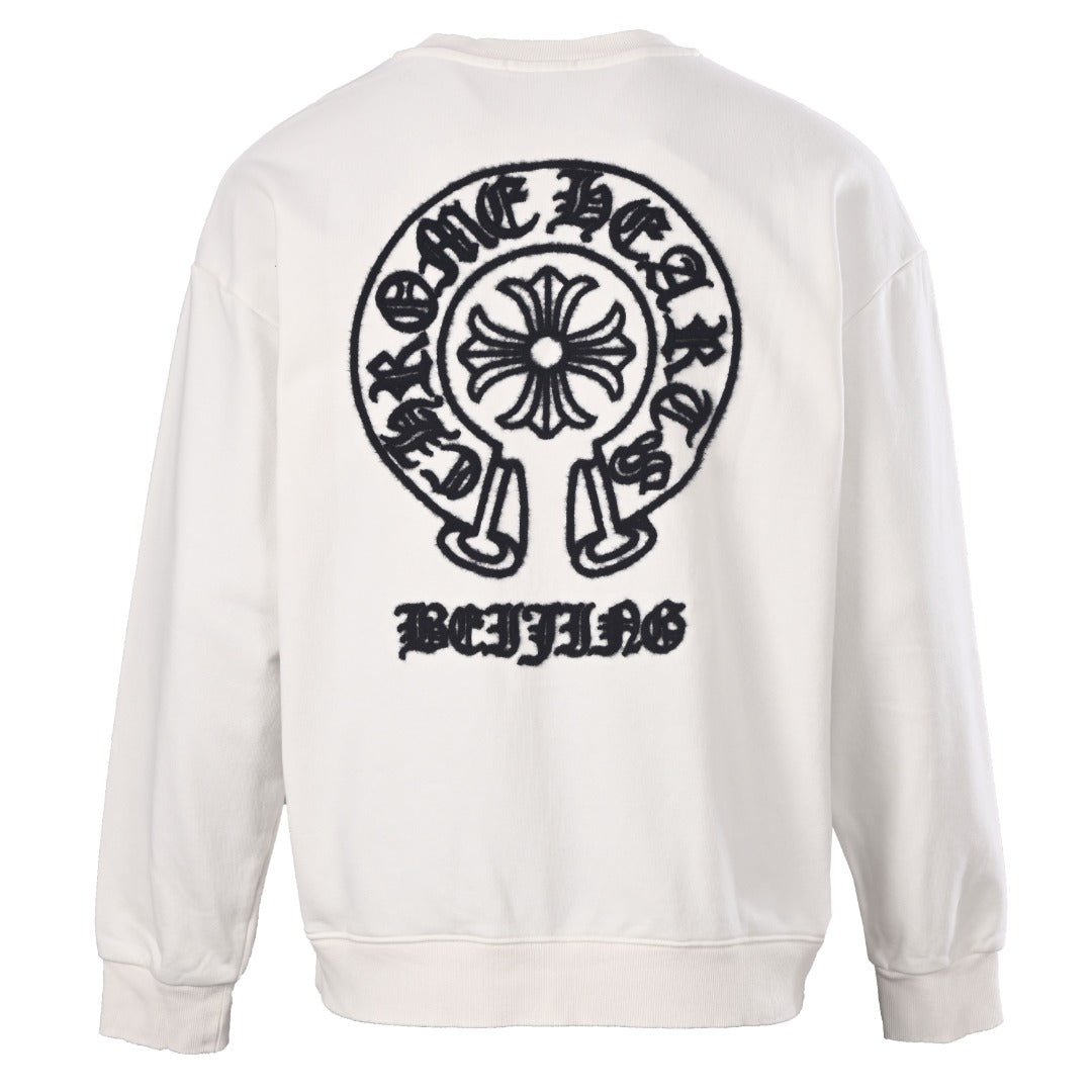 Chrome Hearts White Beijing Horseshoe Logo Crew Sweatshirt