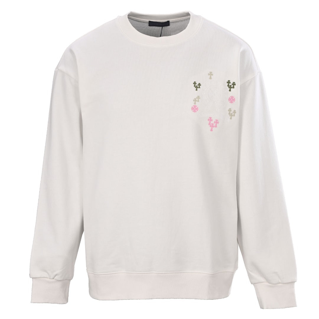 Chrome Hearts White Multicolor Cross Embroidered Horseshoe Crew Sweatshirt