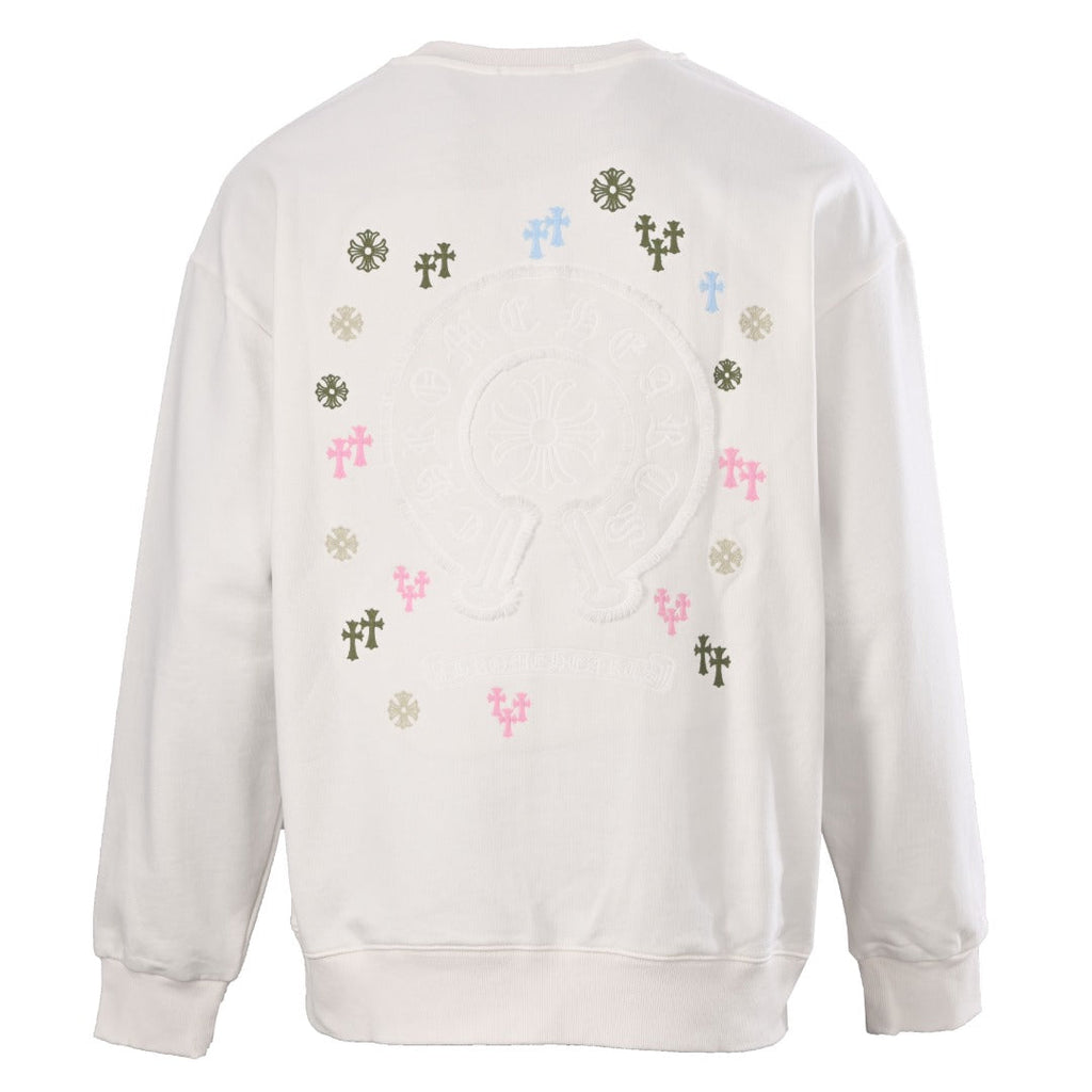 Chrome Hearts White Multicolor Cross Embroidered Horseshoe Crew Sweatshirt